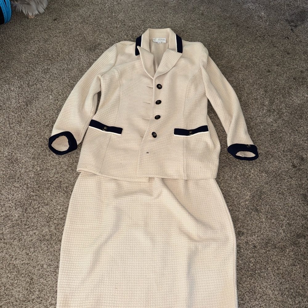 St. John Cream and Black Blazer & Skirt Set